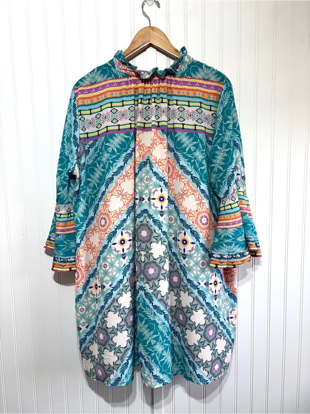 Umgee Boho Mixed Print Ruffle Bell Sleeve Tunic Top Cover Up Size 1XL - Picture 8 of 13